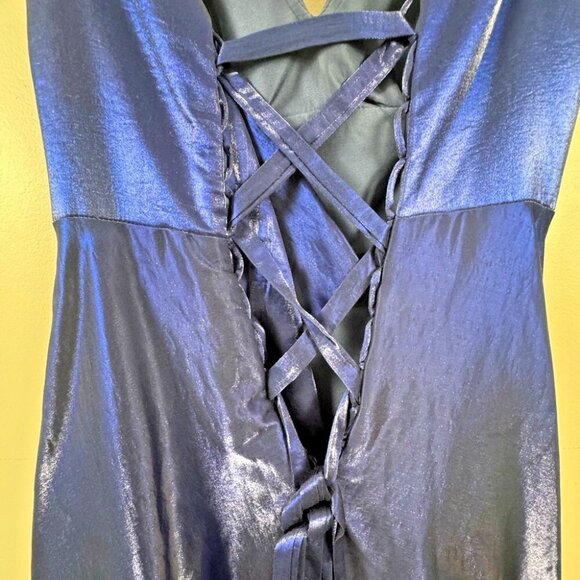 Elegant Navy Blue Gown Size 4 Shimmer Off‑Shoulder A‑Line High Slit Lace‑Back - Picture 5 of 16